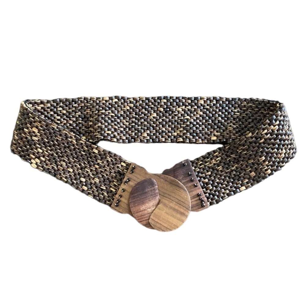 Y2K Wooden Buckle Stretch Belt Boho Woven Elastic Waist VTG Statement Accessory